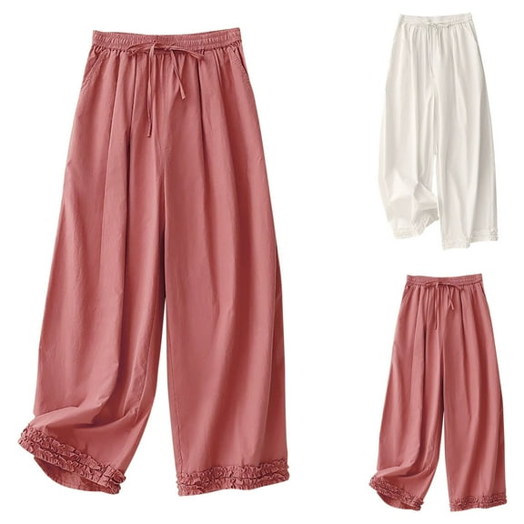 Dazajoo Embroidery Elastic Waist Pants for Women Solid Color Wide Leg Trousers Summer Beach Pants with Pockets,Pink,M