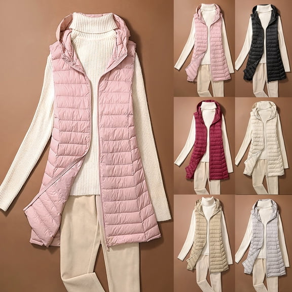 Dazajoo Lightweight Hooded Down Vest for Women Sleeveless Long Puffer Vests Winter Warm Puffer Jacket with Pockets,Black,XL