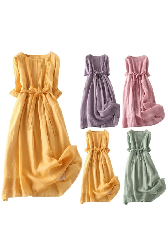 Limited Time Deal Cotton Linen Long Dress Women 3/4 Sleeve Round Neck Dresses with Belt Summer Lightweight Swing Dress,Pink,M