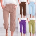 thumbnail image 1 of Dazajoo Limited Time Deal Plus Size 7/8 Cotton Linen Pants for Women Capri Yoga Pants Solid Casual Straight Wide Leg Trousers Summer Beach Pants with Pockets,Purple,XXXL, 1 of 6