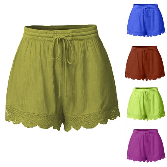 Dazajoo Limited Time Deal Womens Hiking Shorts High Waisted Drawstring Workout Shorts Lace Trim Summer Casual Lightweight Beach Ruffle Shorts,Army Green,M
