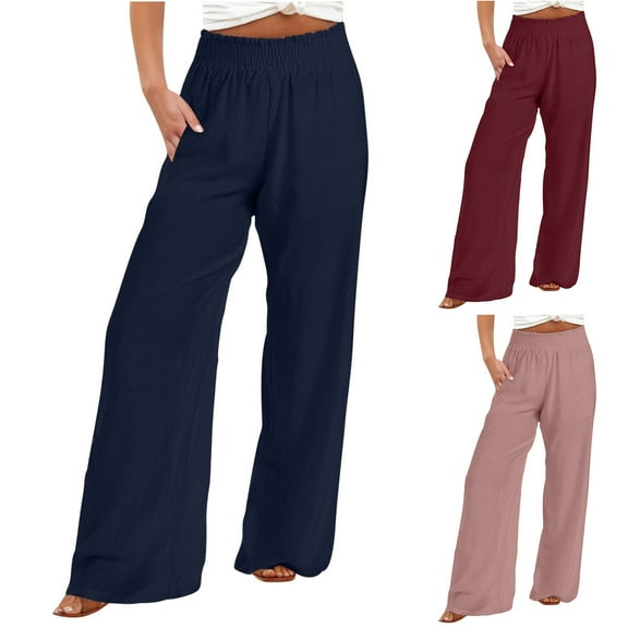 Dazajoo Limited Time Deal Womens Wide Leg Linen Pants with Pockets Elastic High Waisted Lounge Pants Stretchy Loose Workout Palazzo Pants,Navy,XL