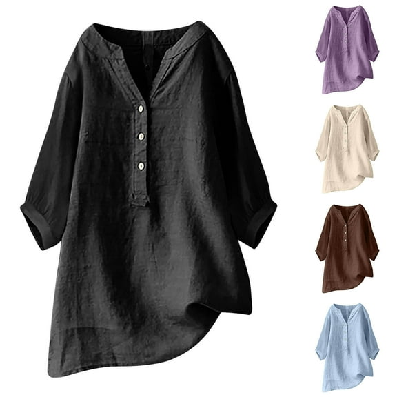 Dazajoo Linen Blouse Women 3/4 Sleeve Henley Shirts Casual Button Up Summer Cotton Blouses,Blue,S