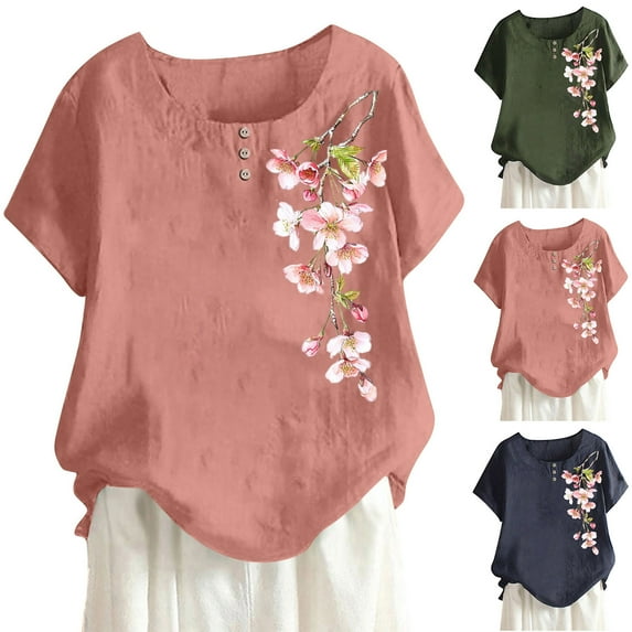 Dazajoo Linen Cotton Shirts for Women Vintage Floral Print Short Sleeve Blouses Summer Casual Round Neck Tops,Pink,L