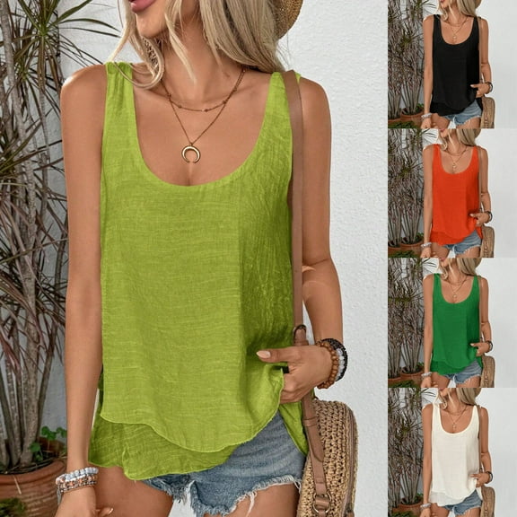 Dazajoo Linen Cotton Summer Tank Tops for Women Solid Color Irregular Hem Sleeveless Tshirts Casual Loose Fit Beach Shirts,Black,M