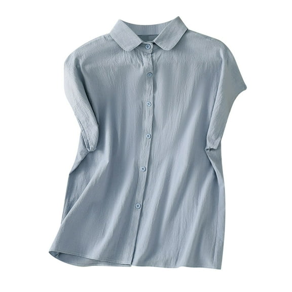 Dazajoo Linen Cotton Tops for Women With Cap Sleeves Summer Casual Basic Solid Color Shirts 2024 Womens Lapel Neck Button Down Tee Blouses,Light Blue,XXL