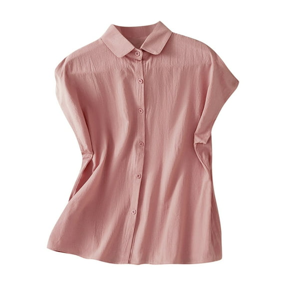 Dazajoo Linen Cotton Tops for Women With Cap Sleeves Summer Casual Basic Solid Color Shirts 2024 Womens Lapel Neck Button Down Tee Blouses,Pink,XL