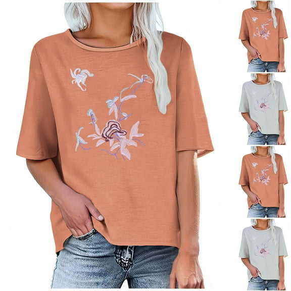 Dazajoo Linen Graphic Tees for Women Short Sleeve Round Neck Cotton Blouses Vintage Embroidered Boho Peasant Tops,Orange,S