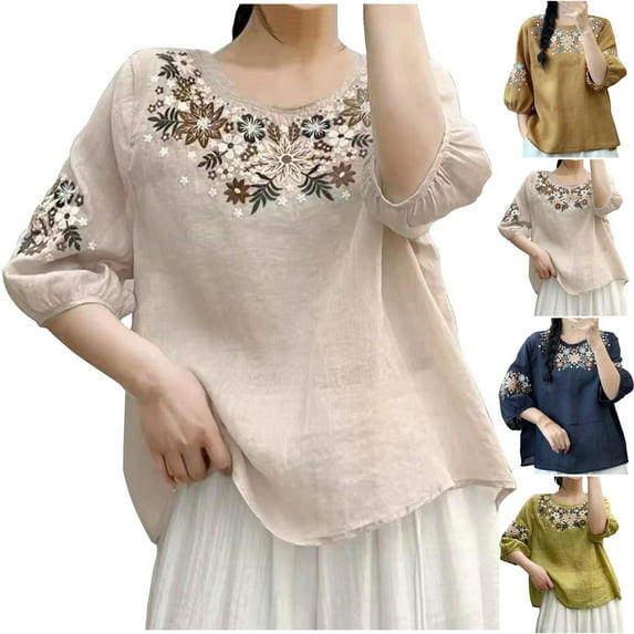 Dazajoo Linen Half Sleeve Tops for Women Vintage Embroidered Round Neck Blouses Summer Plus Size Boho Shirts,Beige,L