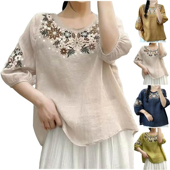 Dazajoo Linen Half Sleeve Tops for Women Vintage Embroidered Round Neck Blouses Summer Plus Size Boho Shirts,Dark Blue,M
