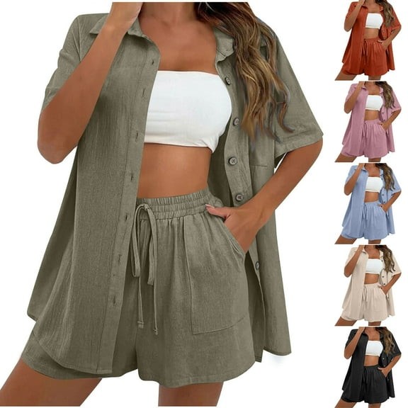 Dazajoo Linen Sets for Women 2 Piece Short Sleeve Lapel Button Down Shirts and High Waisted Shorts with Pockets 2025 Summer Solid Lounge Suits,Coffee,M