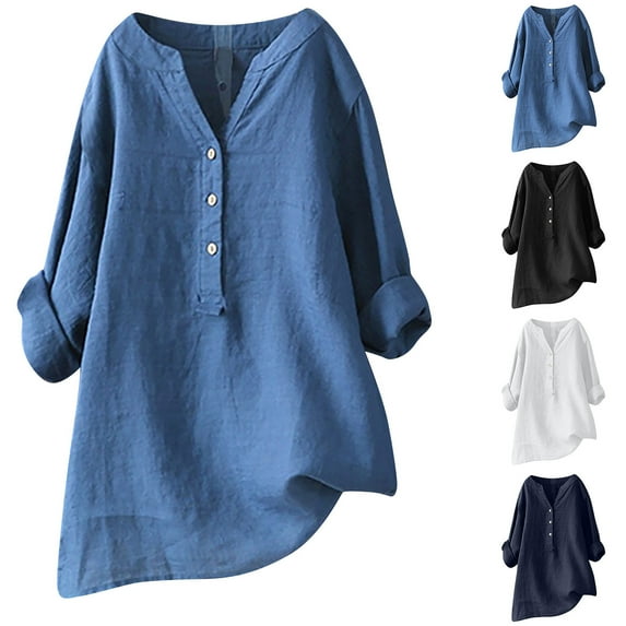 Dazajoo Linen Shirts for Women 2025 Casual Loose Cotton Gauze Buttons V Neck Long Sleeve Womens Tops Trendy Dressy Solid Color Blouses,Blue,XXXXL