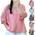 thumbnail image 1 of Dazajoo Linen Shirts for Women 2025 Summer Retro Embroidered Tops Loose 3/4 Sleeve Boho Tops Dressy Casual Cotton Blouses,Hot Pink,M, 1 of 4