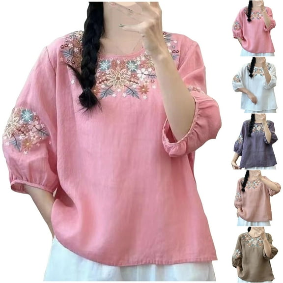 Dazajoo Linen Shirts for Women 2025 Summer Retro Embroidered Tops Loose 3/4 Sleeve Boho Tops Dressy Casual Cotton Blouses,Purple,XL