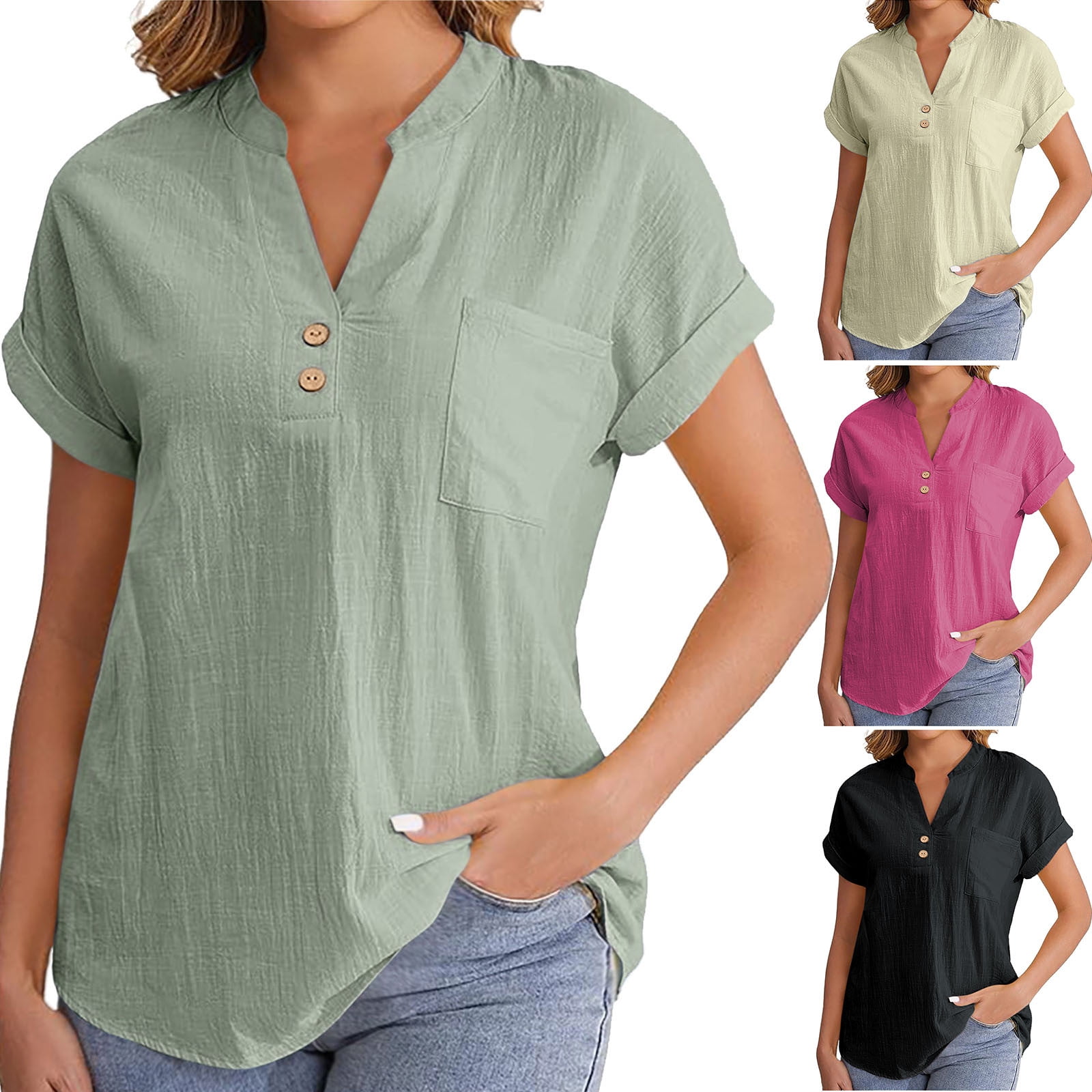 Dazajoo Linen Shirts for Women 2025 V Neck Button Down Blouse Short ...