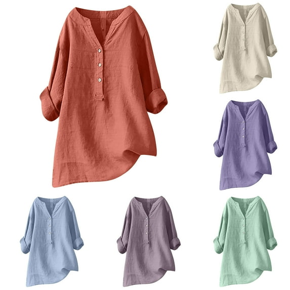 Dazajoo Linen Shirts for Women Beach Summer 2025 Button Up V Neck Blouse Tops Long Sleeve Loose Casual Trendy Tunic Tees,Purple,XXXL