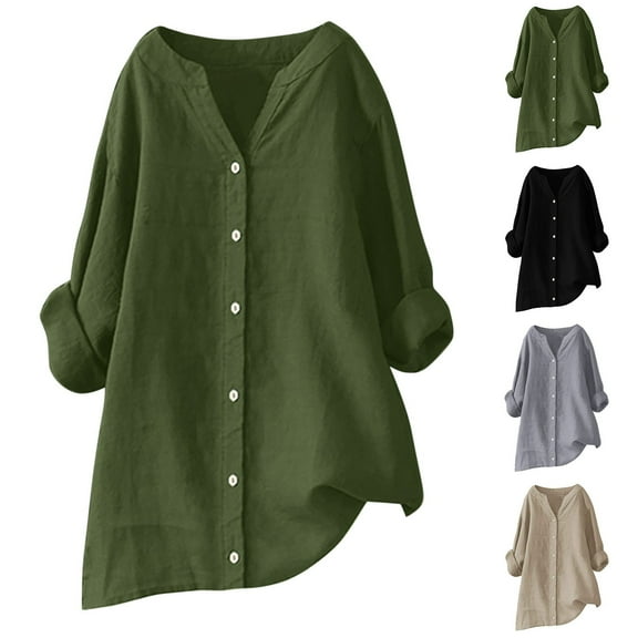 Dazajoo Linen Shirts for Women Long Sleeve Tunic Blouses Plus Size Solid Cotton Linen T Shirt V Neck Button Down Tees Shirts,Gray,S