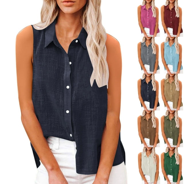 Dazajoo Linen Sleeveless T Shirts for Women Button Down Lapel Collared Cotton Tank Tops Summer Solid Color Basic Vest Deals Today,Hot Pink,M