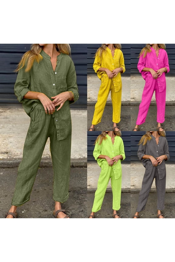 Linen Two Piece Sets for Women Cotton Pajamas Long Sleeve Button Down Shirts Wide Leg Pants with Pockets Casual Solid Color Set Holiday Sales,Hot Pink,XXL