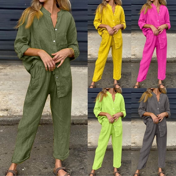 Dazajoo Linen Two Piece Sets for Women Cotton Pajamas Long Sleeve Button Down Shirts Wide Leg Pants with Pockets Casual Solid Color Set,Hot Pink,XL