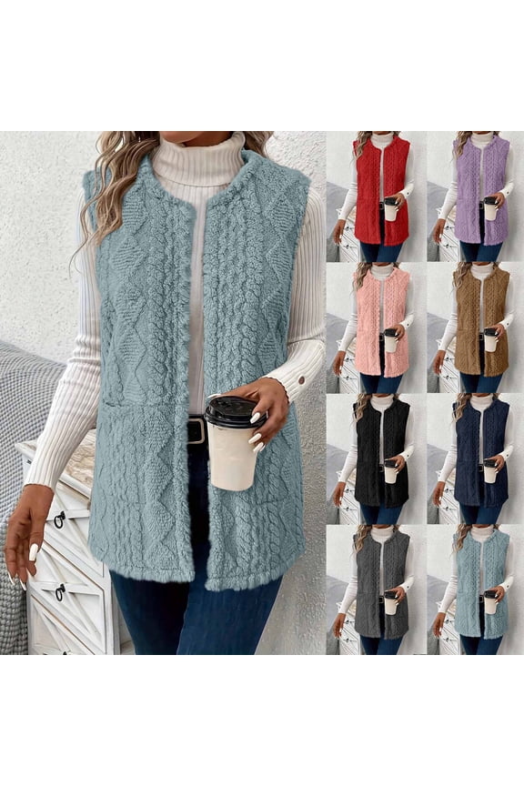 Long Fleece Vest Women Fall Winter Sleeveless Fuzzy Sherpa Jackets with Pocckets Trendy Waistcoat Casual Cardigan Outwear,Pink,XL