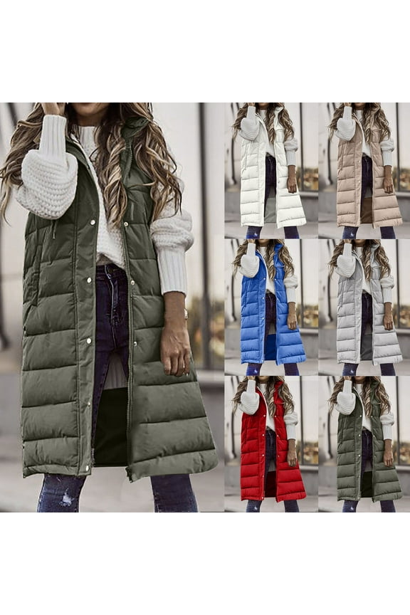 Long Puffer Vest Women with Hood Sleeveless Solid Color Down Jacket Winter Lightweight Zipper Button Coats,Red,XL