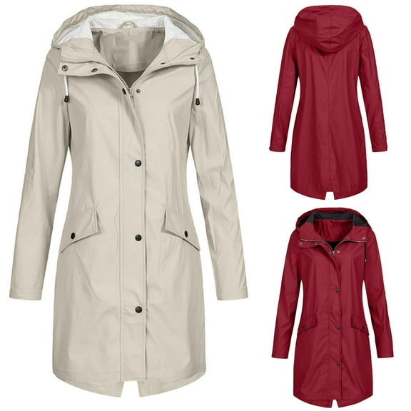 Dazajoo Long Rain Coats for Women Waterproof Fleece Lined Hooded Rain Jackets Outdoor Hiking Warm Windbreaker,Beige,XL
