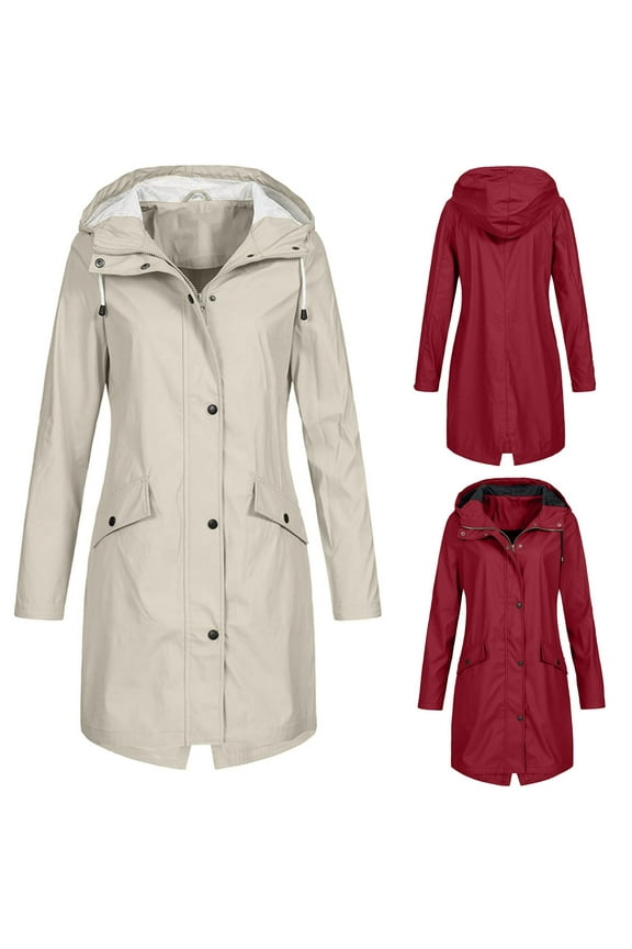 Long Rain Coats for Women Waterproof Fleece Lined Hooded Rain Jackets Outdoor Hiking Warm Windbreaker,Beige,XXL