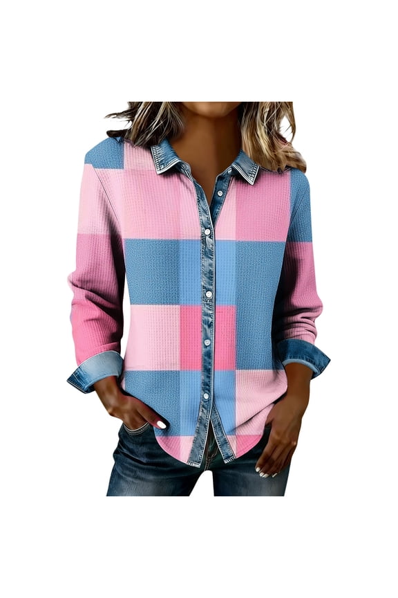 Long Sleeve Button Down Plaid Shirts for Women Waffle Knit Denim Patchwork Shacket Casual Lapel Pullover Sweatshirts,Pink,L