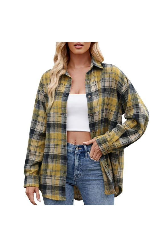 Long Sleeve Button Down Shirts for Women Casual Checked Print Roll Up Sleeve Tops 2025 Fall Womens Trendy Lapel Neck Blouses,Yellow,S