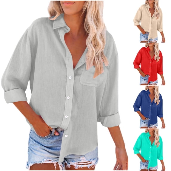 Dazajoo Long Sleeve Button Down Shirts for Women Lightweight Cotton Linen Tops 2024 Fall Womens Classic Solid Color Collared Blouses with Pockets,Dark Blue,L