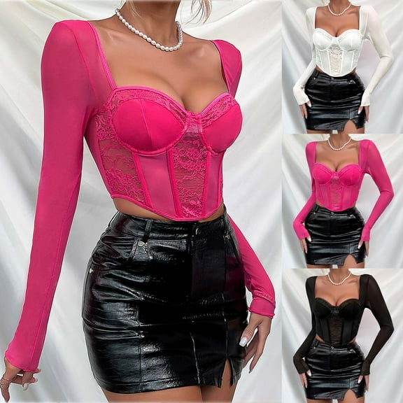 Dazajoo Long Sleeve Corset Tops for Women Going Out Low Back No Steel Ring Slim Fit Solid Color Bustiers 2024 Womens Trendy V Neck Chest Wrapped Shaper,White,M