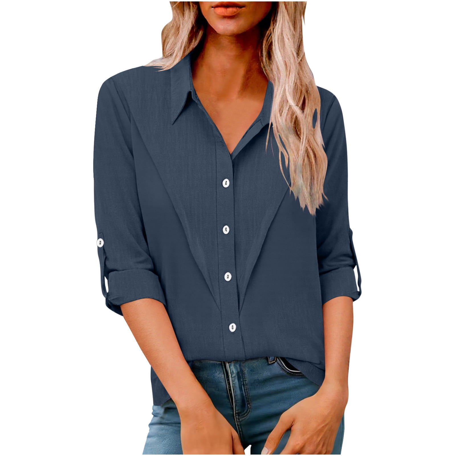 Dazajoo Long Sleeve Cotton Button Down Shirt for Women Casual Solid ...