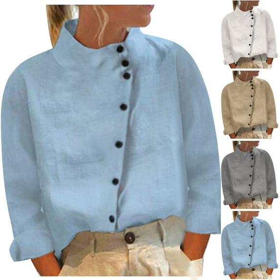Dazajoo Long Sleeve Cotton Linen Shirts for Women 2024 Dressy Trendy High Neck Button Down Blouses Womens Casual Solid Color Tops,White,XXL
