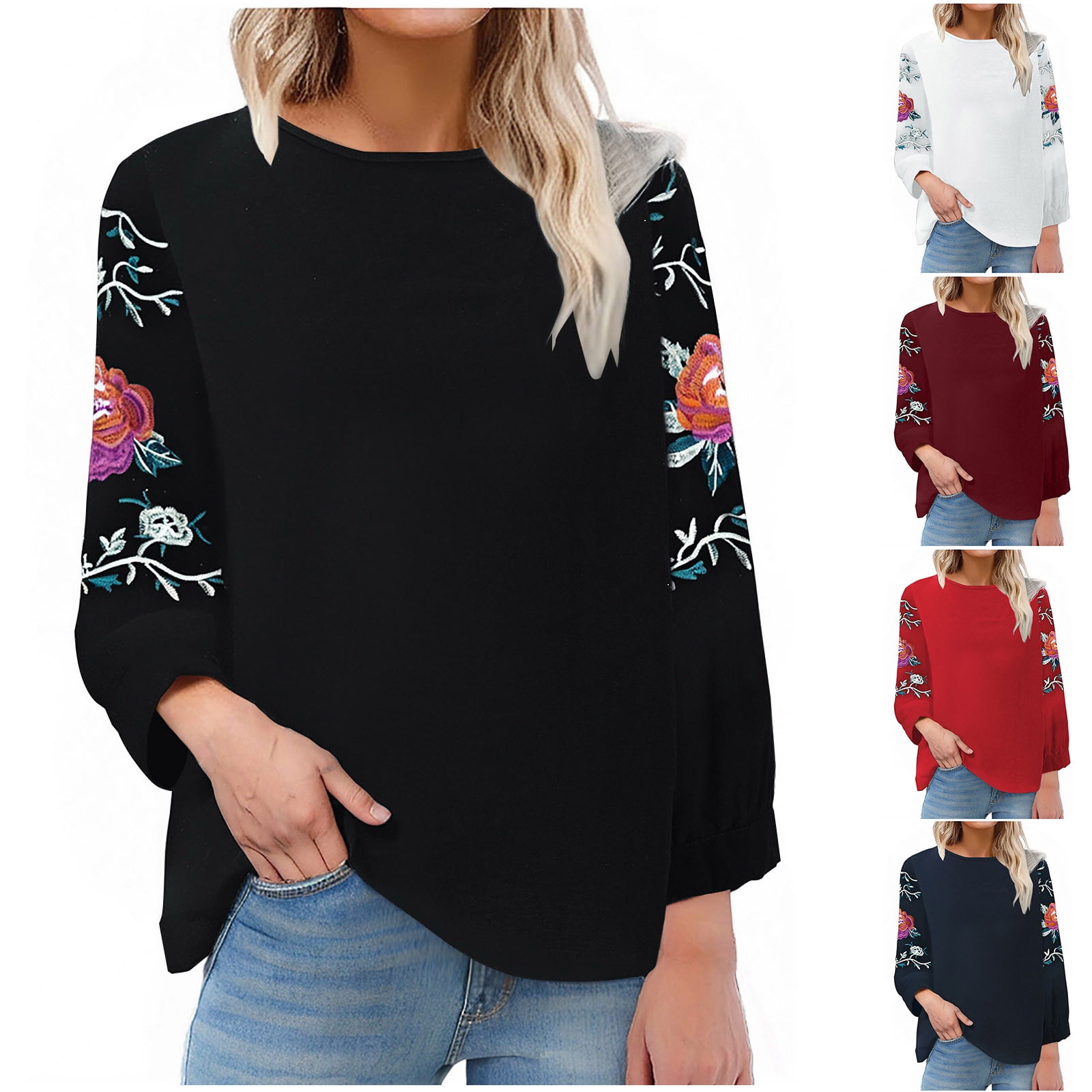 Dazajoo Long Sleeve Cotton Linen Shirts for Women Floral Embroidered ...