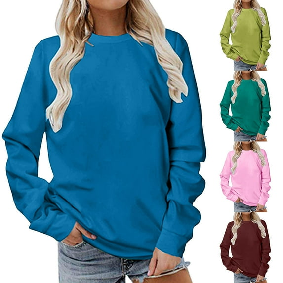 Dazajoo Long Sleeve Shirts for Women Fall Clothes Solid Color Crewneck Cute Pullover Sweatshirts Teen Girl Going Out Tops,Army Green,XL