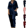 thumbnail image 1 of Dazajoo Long Sleeve Two Piece Sets for Women Linen Cotton Button Down Lapel Shirts and Wide Leg Pants with Pockets Casual Soft Comfy Lounge Suits,Navy,XL, 1 of 6