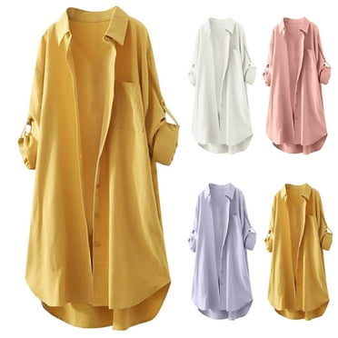 Dazajoo Long Tunic Button Down Shirts for Women Summer Solid Color Casual Roll Up Sleeve Tops 2024 Womens Plus Size Lapel Neck Blouses,Yellow,XXL