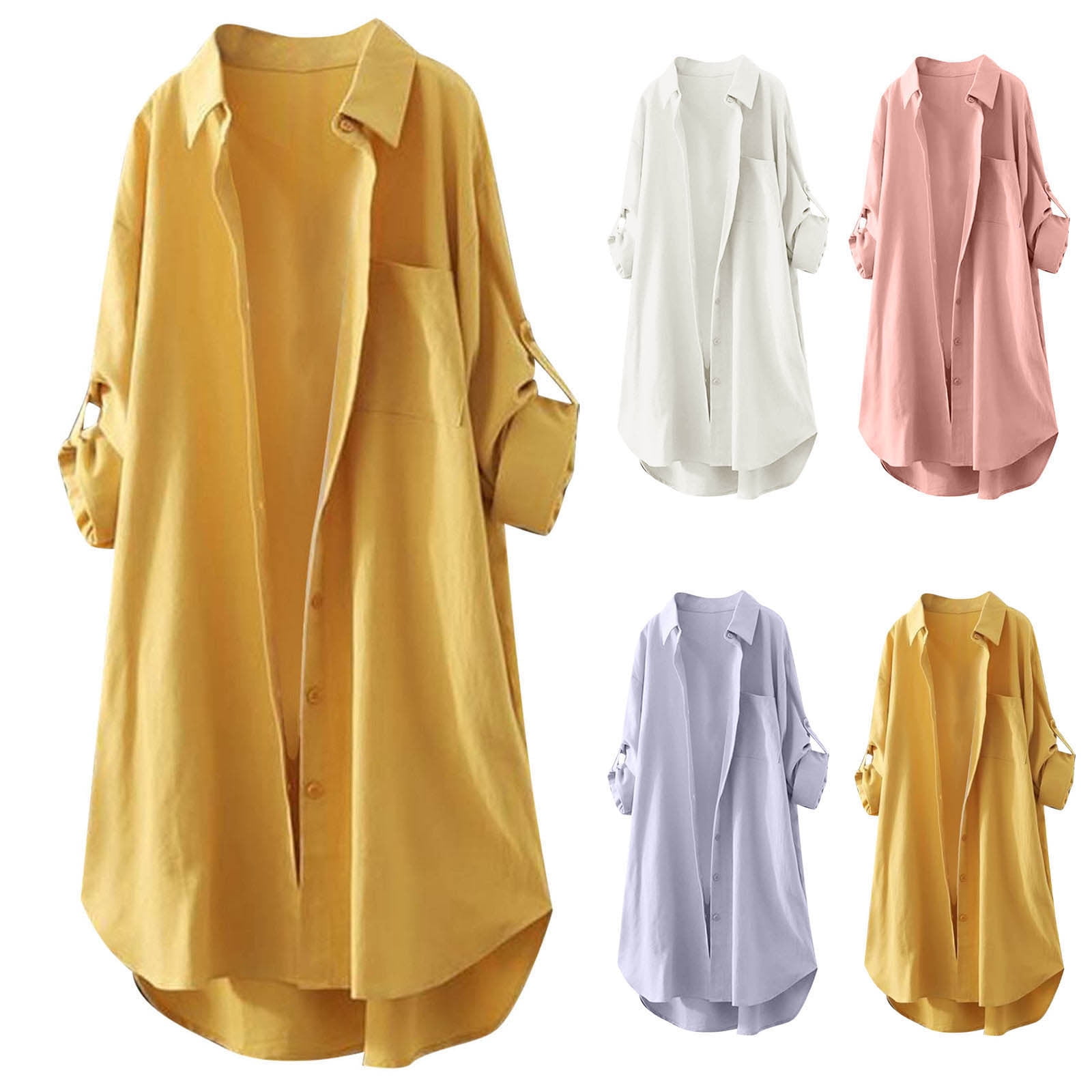 Dazajoo Long Tunic Button Down Shirts for Women Summer Solid Color ...