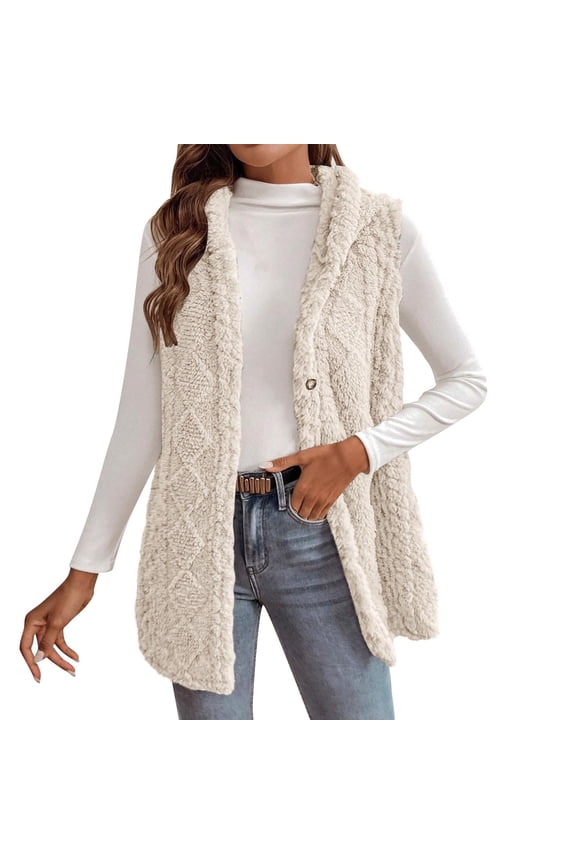 Long Vest for Women Sleeveless Cable Knit Open Front Sherpa Jacket Button Hooded Sweater Coats,Pink,L