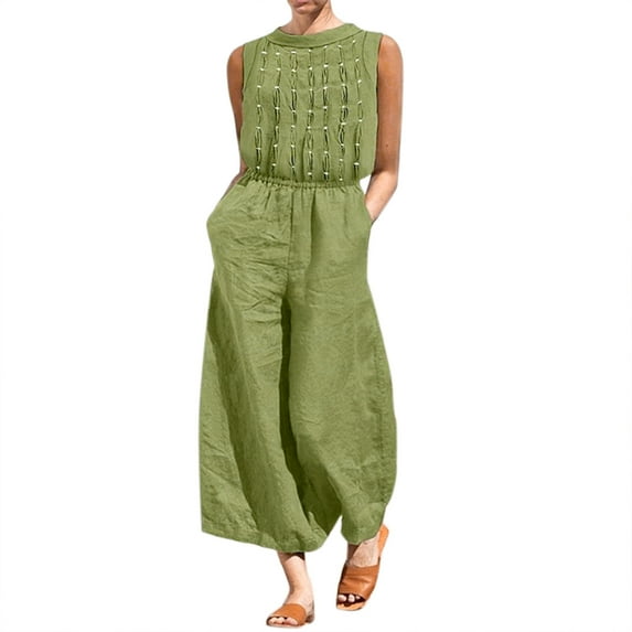 Dazajoo Loose Jumpsuits for Women Summer Oversized Sleeveless Pleated Round Neck Elastic Waist Long Pants with Pockets 2024 Womens Solid Color Baggy Beach Jumpers,Green,L