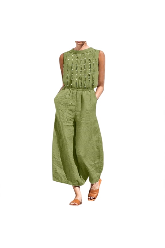 Loose Jumpsuits for Women Summer Oversized Sleeveless Pleated Round Neck Elastic Waist Long Pants with Pockets 2024 Womens Solid Color Baggy Beach Jumpers,Green,XXL