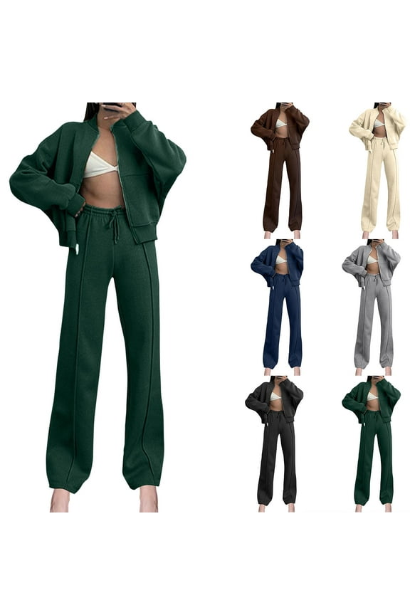 Lounge Sets for Women 2 Piece Joggers Solid Color Long Sleeve Zip Up Jacket with Wide Leg Drawstring Sweatpants Tracksuits,Green,S