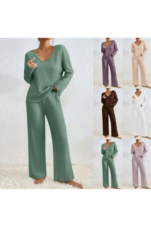 Lounge Sets for Women Long Sleeve V Neck Knit Sweater with Wide Leg Pants Lightweight Comfy 2 Piece Pajama Outfits Set,Coffee,XL