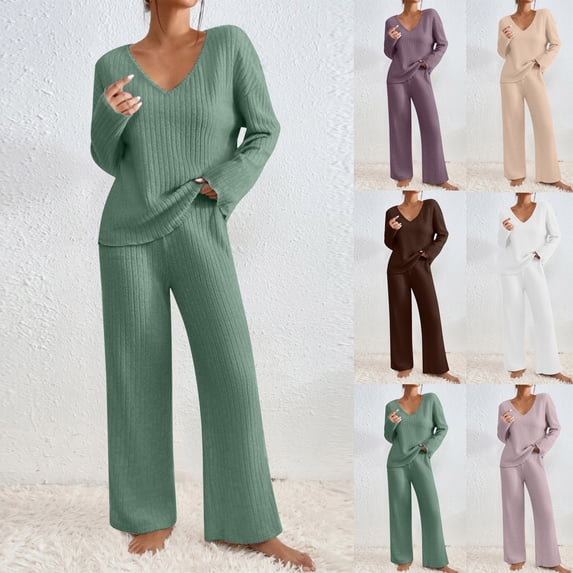 Dazajoo Lounge Sets for Women Long Sleeve V Neck Knit Sweater with Wide Leg Pants Lightweight Comfy 2 Piece Pajama Outfits Set,Purple,XL
