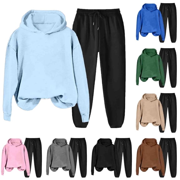 Dazajoo Matching Running Sets for Women Long Sleeve Hooded Sweatshirts with Elastic Waist Pants Casual 2 Piece Outdoor Tracksuits,Black,XXL