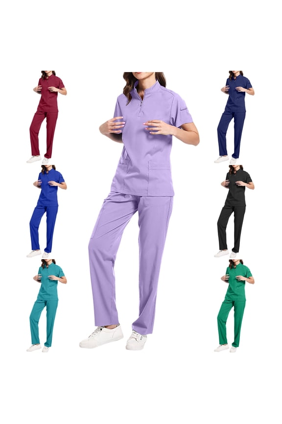 Medical Uniform Women's Scrub Set Half-Zip Solid Color Nurse Top and Drawstring Waist Pants with Pockets Soft Stretch Work Uniforms,Black,S