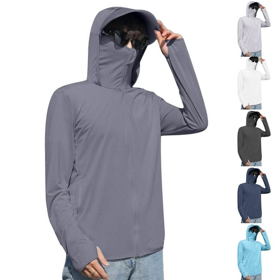 Dazajoo Men's UPF 50+ Sun Protection Breathable Full Zip Hoodie Jacket UV SPF Long Sleeve Sun Shirts with Mask Hiking Cycling,Navy,XL