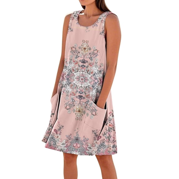 Dazajoo Mid Length Linen Dress for Women Floral Print Sleeveless Dresses with Pockets Summer Round Neck Midi Dress,Multicolor,S