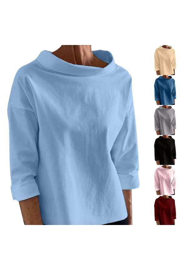 Mock Turtle Neck Sweatshirts Women Lightweight Fleece Long Sleeve Pullover Tops Casual Solid Color Oversized Outerwear Holiday Sales,Black,L